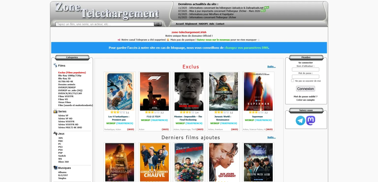 nouvelle adresse de Zone Téléchargement